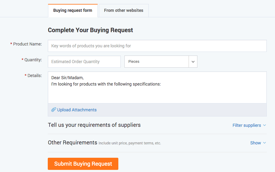 Solicitud de compra en alibaba