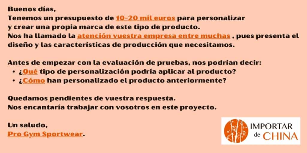 Mensaje proveedor Aliababa personalizar producto